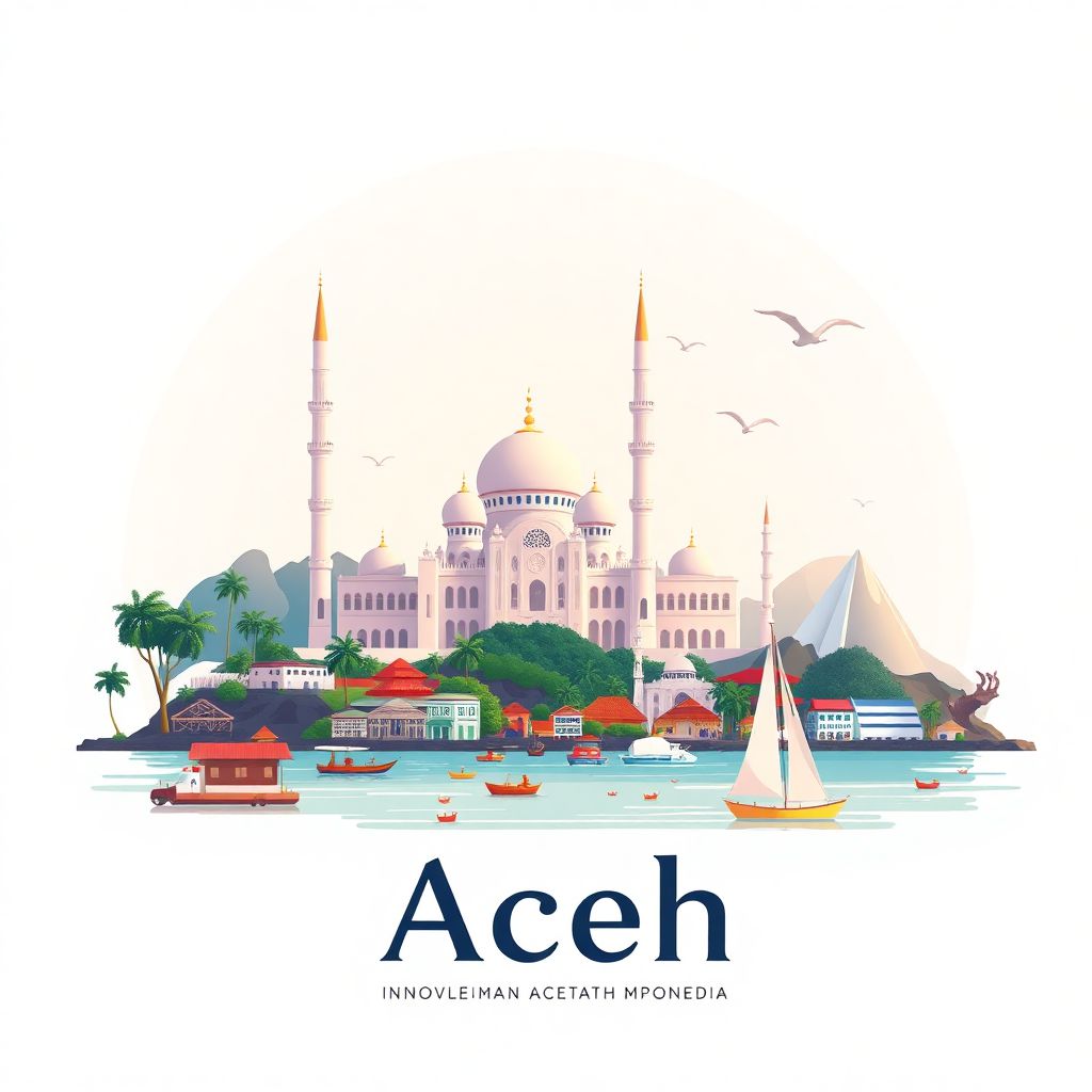 Ultra-high-definition gradient illustration style of Nanggroe Aceh Darussalam Province, showing the Baiturrahman Grand Mosque, Weh Island beaches, and traditional Acehnese dance.