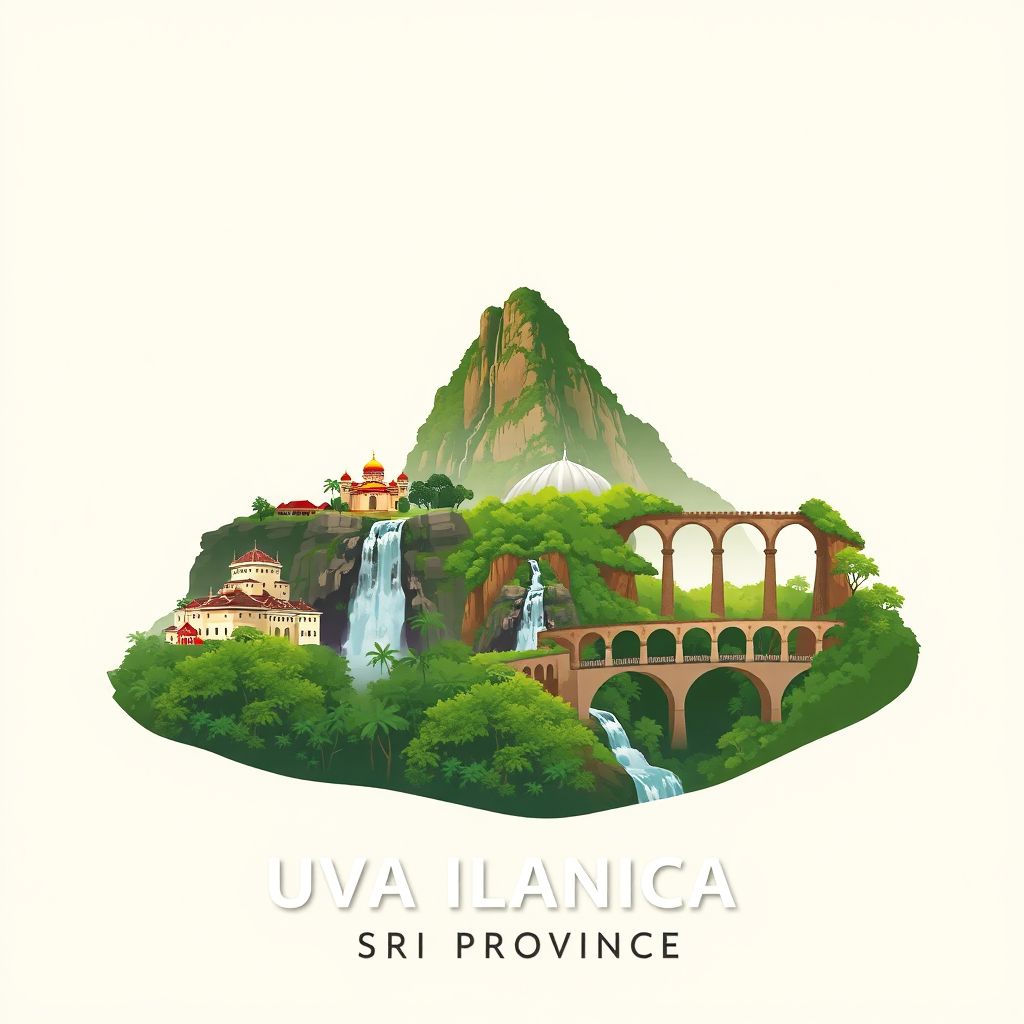 Ultra-high-definition gradient illustration style Uva Province illustration, showing the unique charm of Ella Rock, Ravana Falls, and the Nine Arches Bridge.