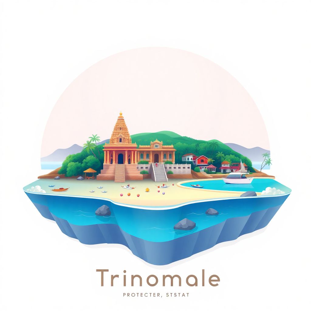 Ultra-high-definition gradient illustration style Trincomalee illustration, showing the unique charm of the Koneswaram Temple and Nilaveli beaches.