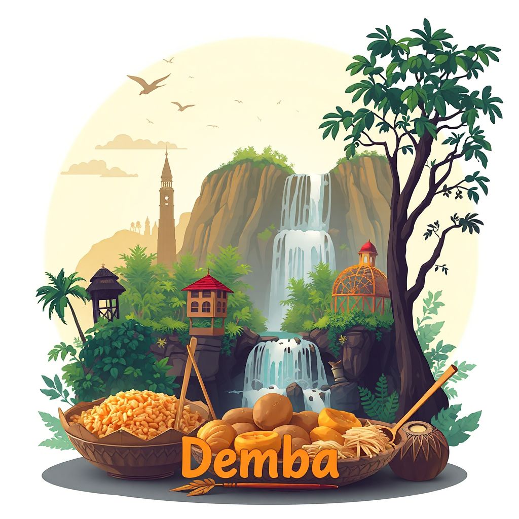 Ultra-high-definition gradient illustration style Demba illustration, showing the unique charm of the Lusinga Falls and Fufu.
