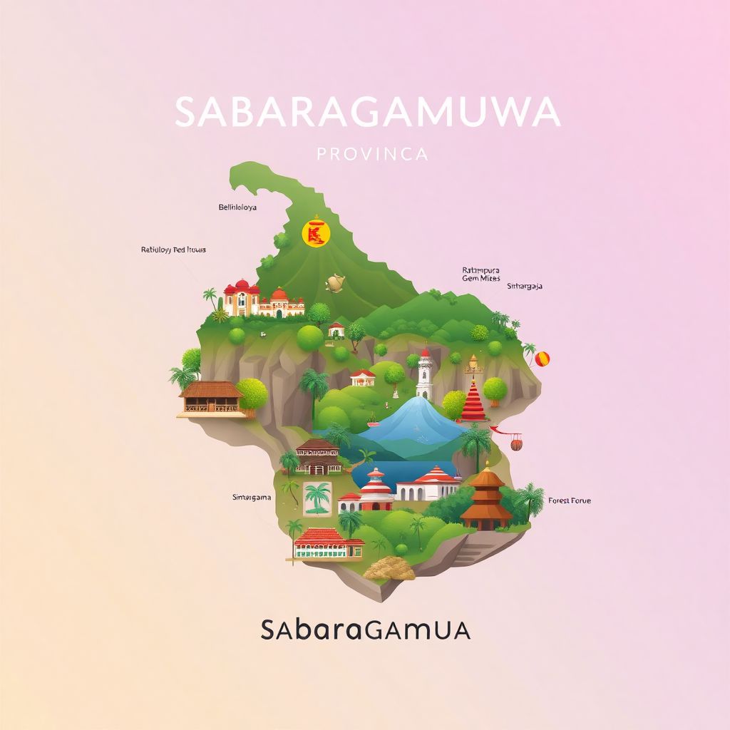 Ultra-high-definition gradient illustration style of Sabaragamuwa Province, Sri Lanka, featuring the Belihuloya Rest House, Ratnapura Gem Mines, and Sinharaja Forest Reserve.