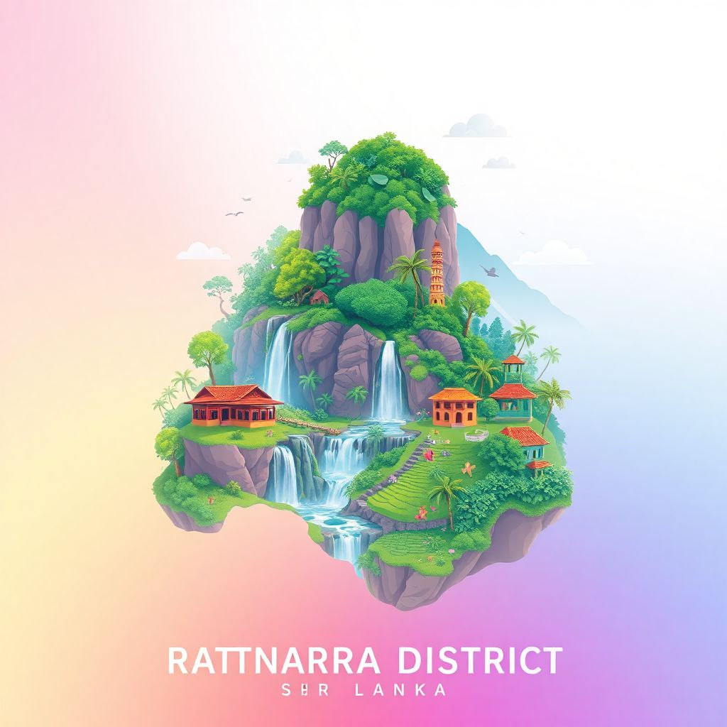 Ultra-high-definition gradient illustration of Ratnapura District, featuring Bopath Ella Waterfall, Ratnapura Gem Mines, and tea plantations.