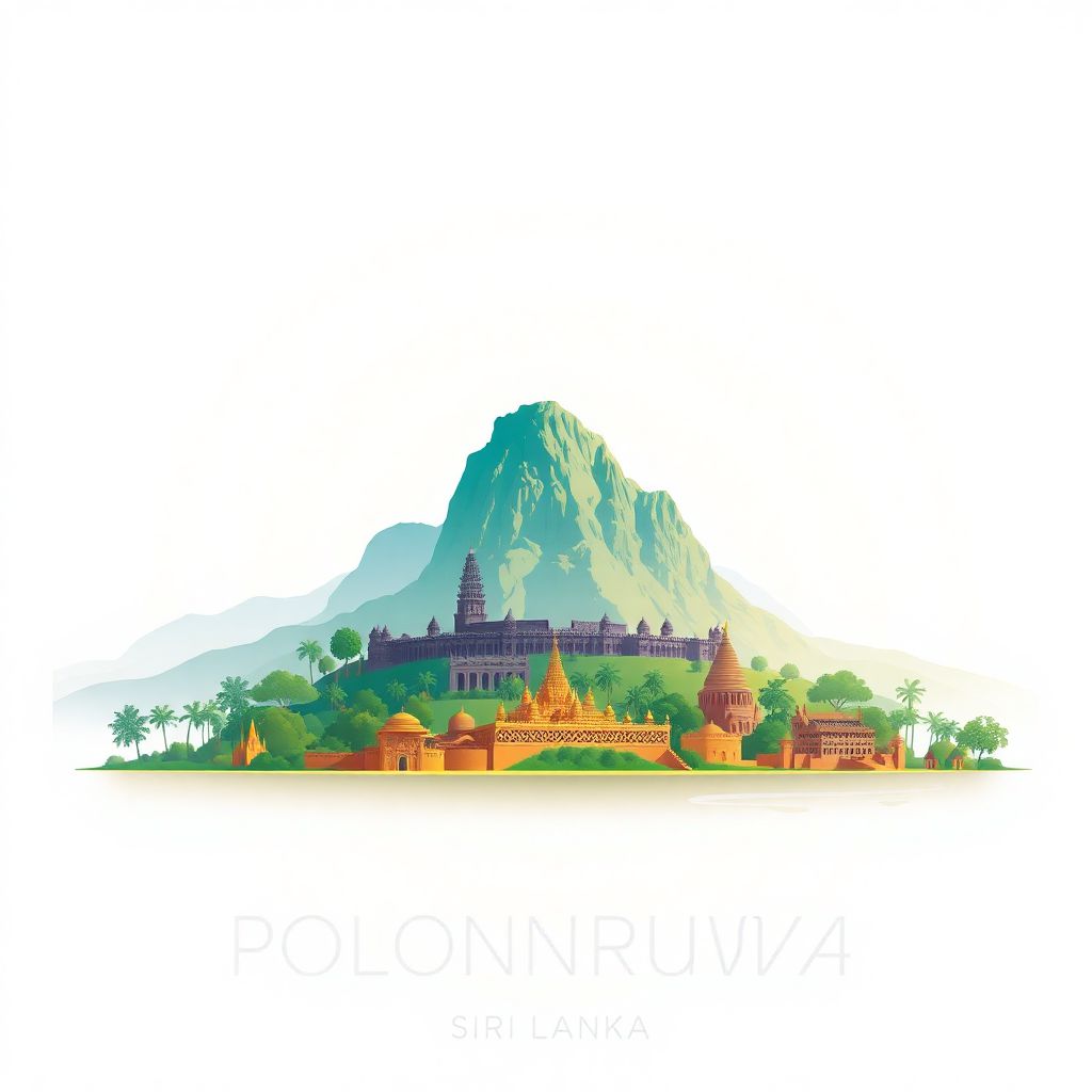 Ultra-high-definition gradient illustration style Polonnaruwa illustration, featuring Sigiriya Rock Fortress, ancient city of Polonnaruwa, and Parakrama Samudra reservoir.
