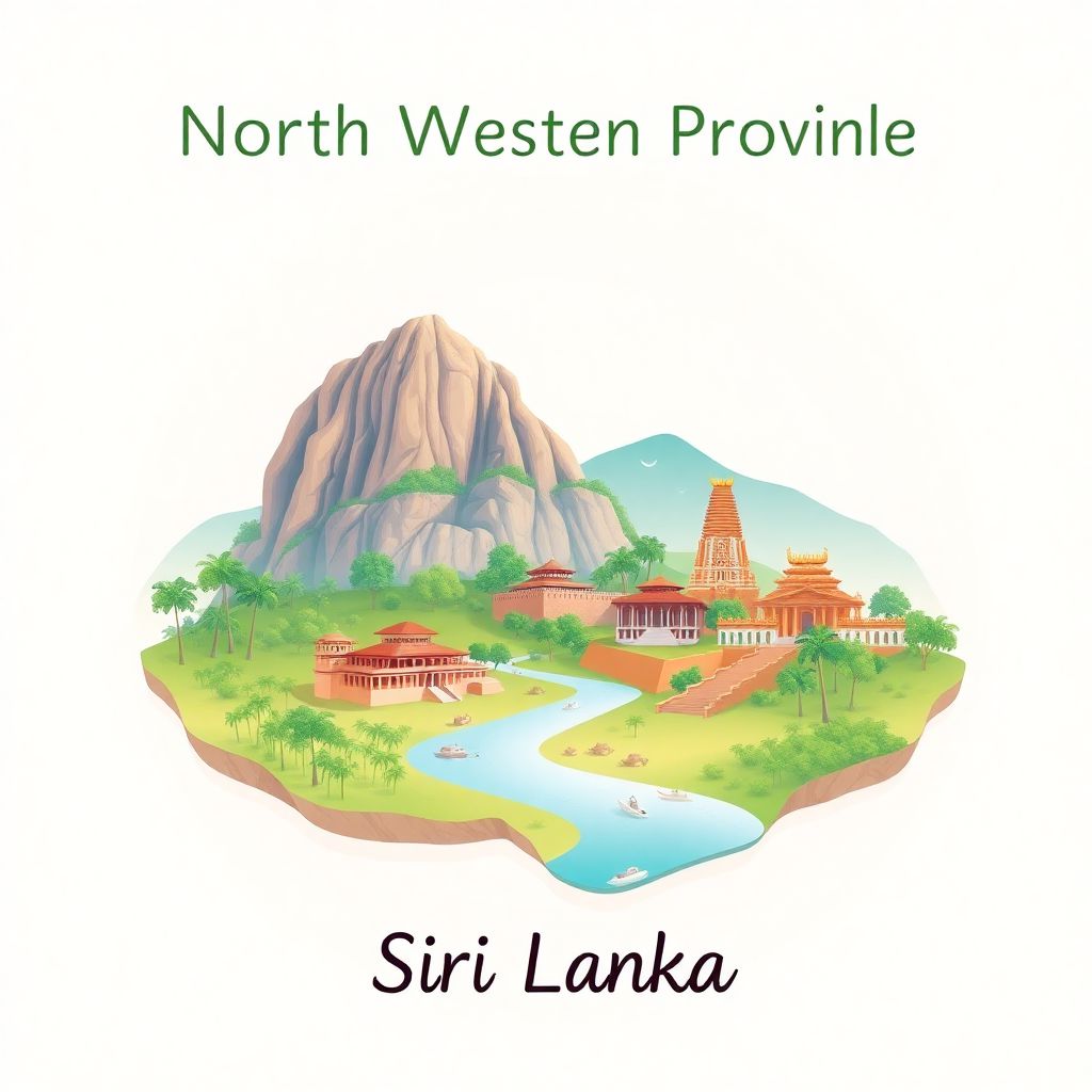 Ultra-high-definition gradient illustration style North Western Province illustration, showing the unique charm of the Yapahuwa Rock Fortress, Dambadeniya Temple, and Madu Ganga River.