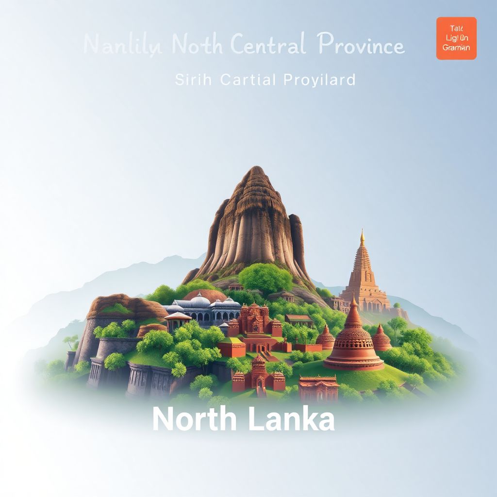 Ultra-high-definition gradient illustration style North Central Province illustration, showing the Sigiriya Rock Fortress, Anuradhapura, and Dambulla Cave Temple.