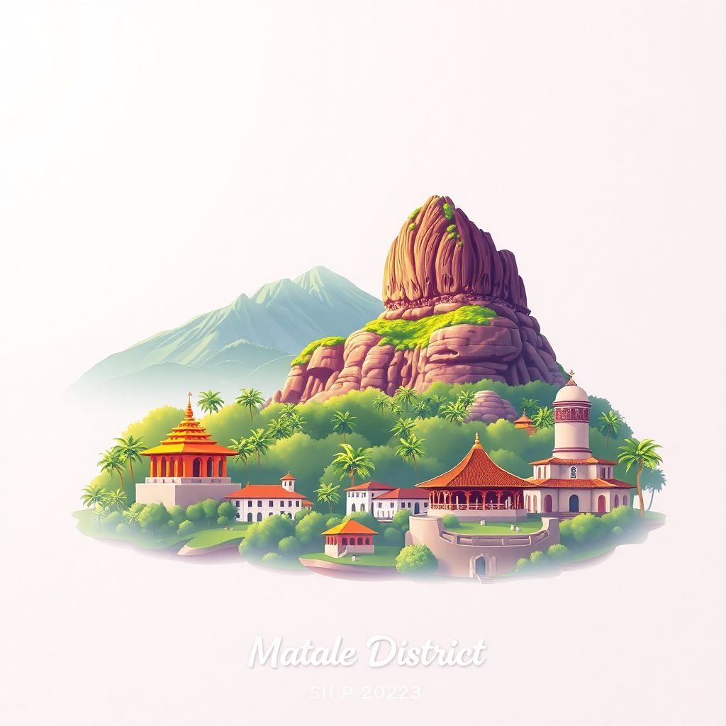 Ultra-high-definition gradient illustration style Matale District illustration, showing the unique charm of Aluvihare Rock Temple, Knuckles Mountain Range, and Matale Heritage Centre.
