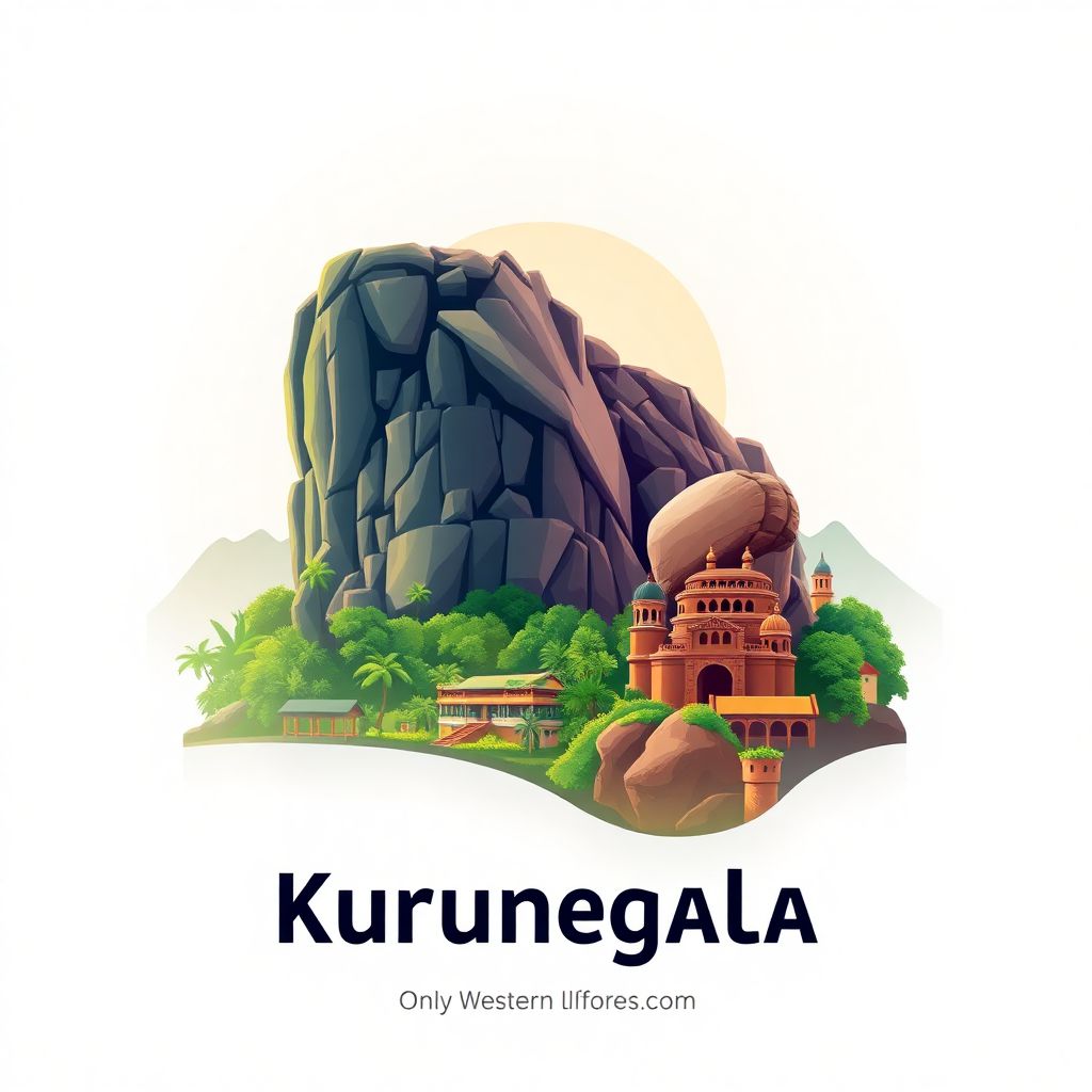 Ultra-high-definition gradient illustration style image of Kurunegala District, featuring Kurunegala Rock and historic Elephant Rock.