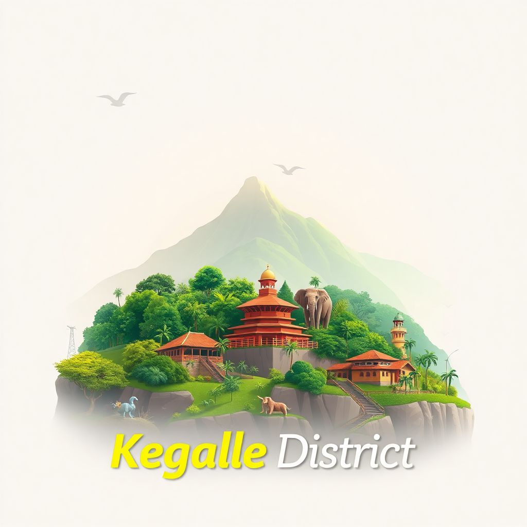 Ultra-high-definition gradient illustration style Kegalle District illustration, showcasing the unique charm of the Elephant Orphanage and the Pinnewala Zoo.
