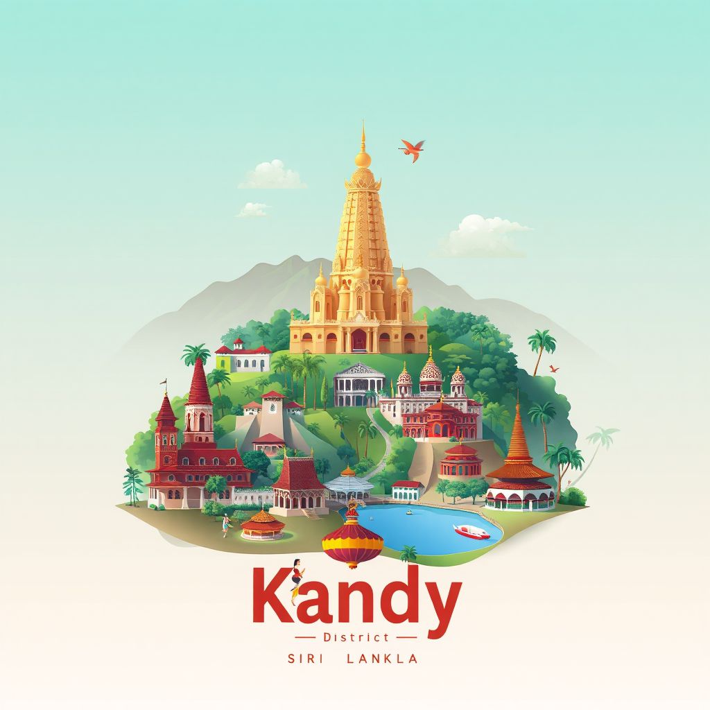 Ultra-high-definition gradient illustration of Kandy District, showing the Temple of the Tooth, Royal Botanic Gardens, and Kandy Lake.