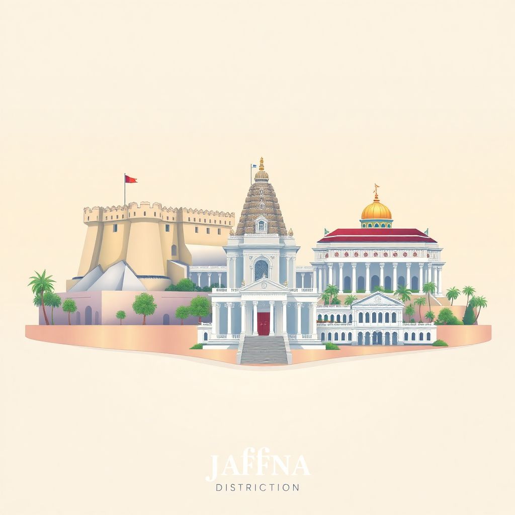 Ultra-high-definition gradient illustration style Jaffna District illustration, showcasing the unique charm of the Jaffna Fort, Nallur Kandaswamy Temple, and the Jaffna Public Library.