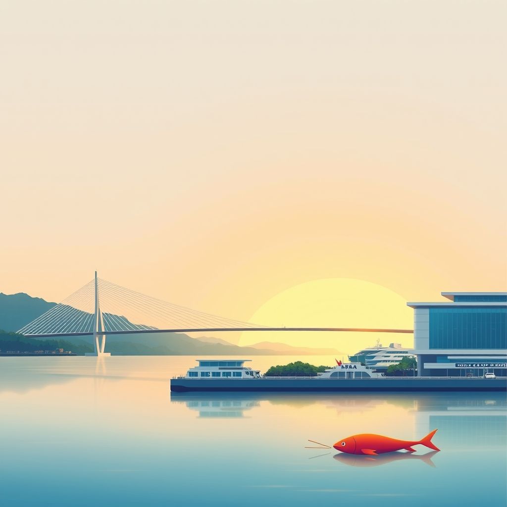 Ultra-high-definition gradient illustration of Kecamatan Sei Beduk, featuring the Barelang Bridge, Batam Center Ferry Terminal, and local cuisine Otak-Otak.