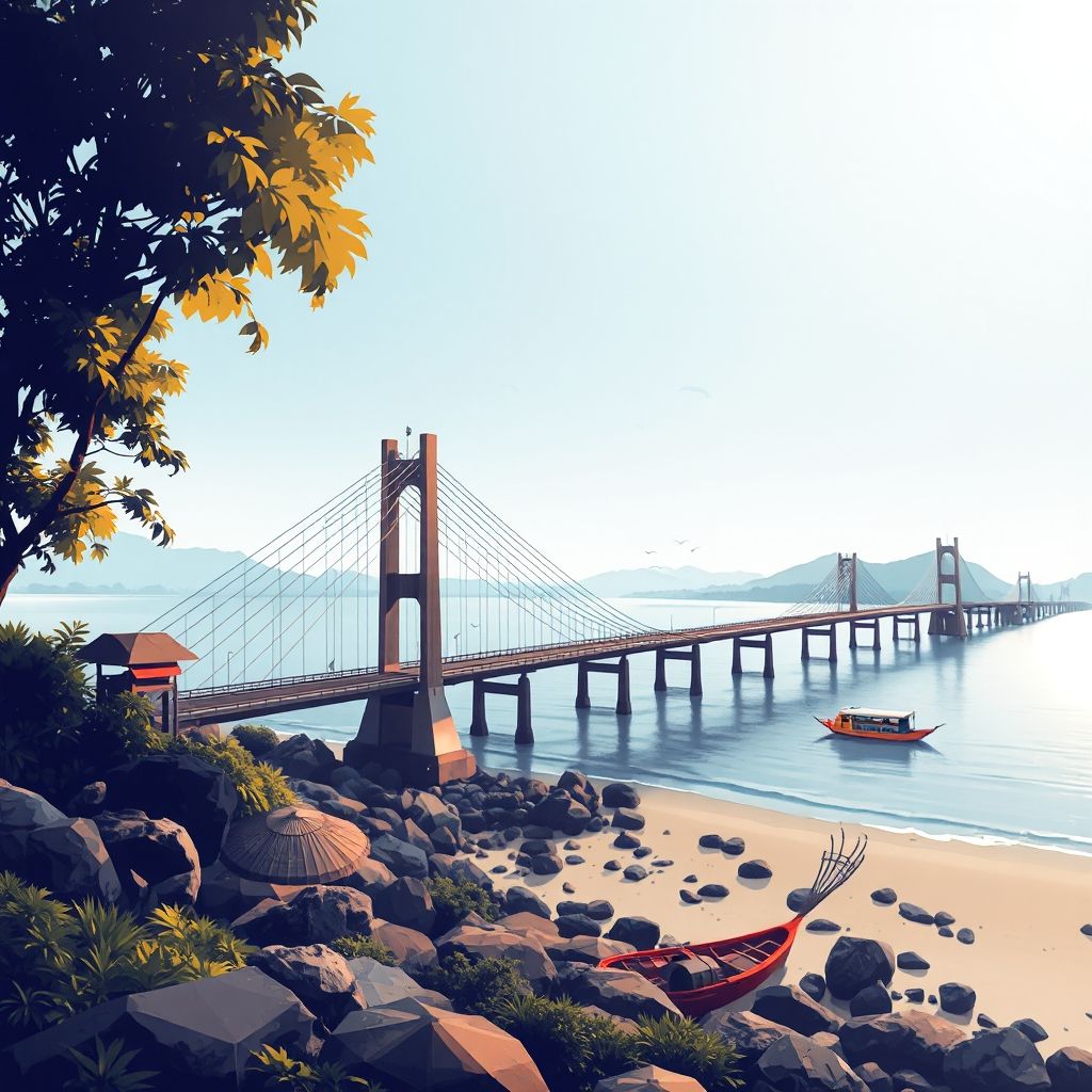 Ultra-high-definition gradient illustration of Kecamatan Sei Beduk, Kota Batam, Riau Islands, Indonesia, featuring Barelang Bridge, Nongsa Beach, Batak culture, and Ayam Panggang.