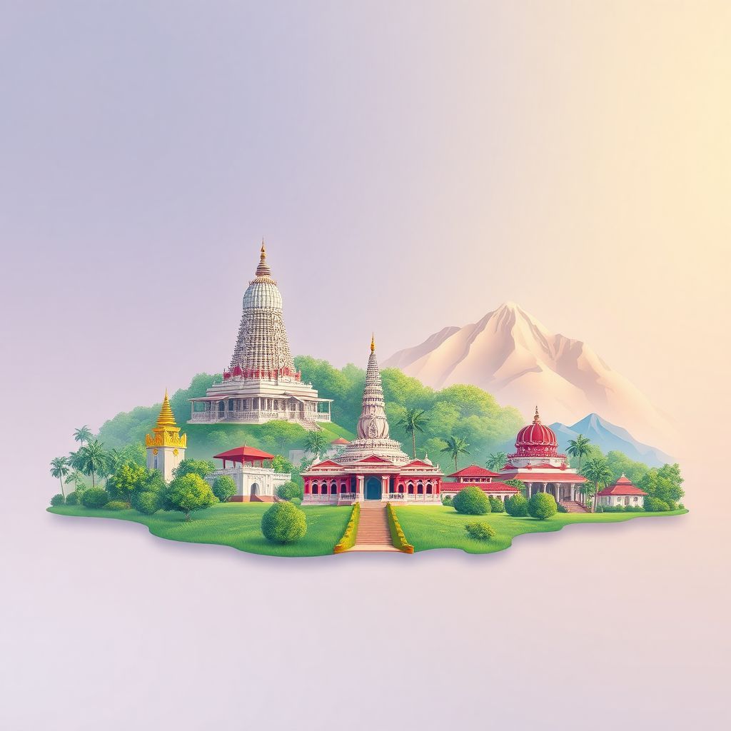 Ultra-high-definition gradient illustration style Central Province, Sri Lanka, showing the unique charm of the Temple of the Tooth, Royal Botanic Gardens, Peradeniya.