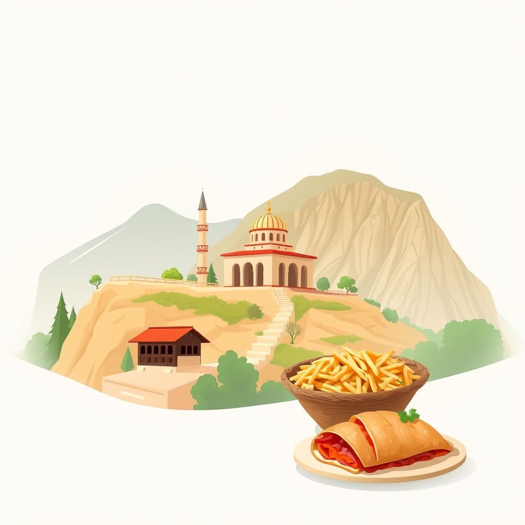 Gradient illustration of Gramsh, Albania, featuring Sari Saltik Tekke, Holta Canyon, and tavë kosi, highlighting local culture and geography.