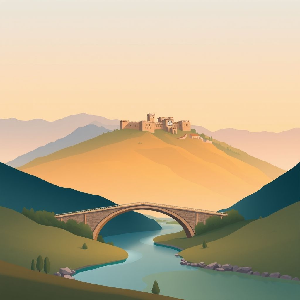 Ultra-high-definition gradient illustration of Cukalat, Bashkia Ura Vajgurore, Berat County, Albania, featuring Berat Castle, Gorica Bridge, and tavë kosi.