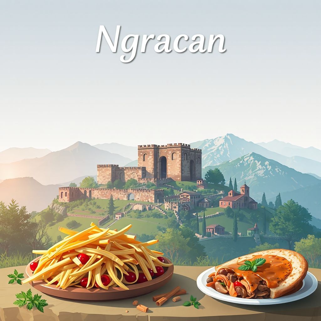 Ultra-high-definition gradient illustration of Ngracan, Albania, featuring Mallakaster Castle ruins, landscapes, and Albanian specialties like tave kosi and byrek.
