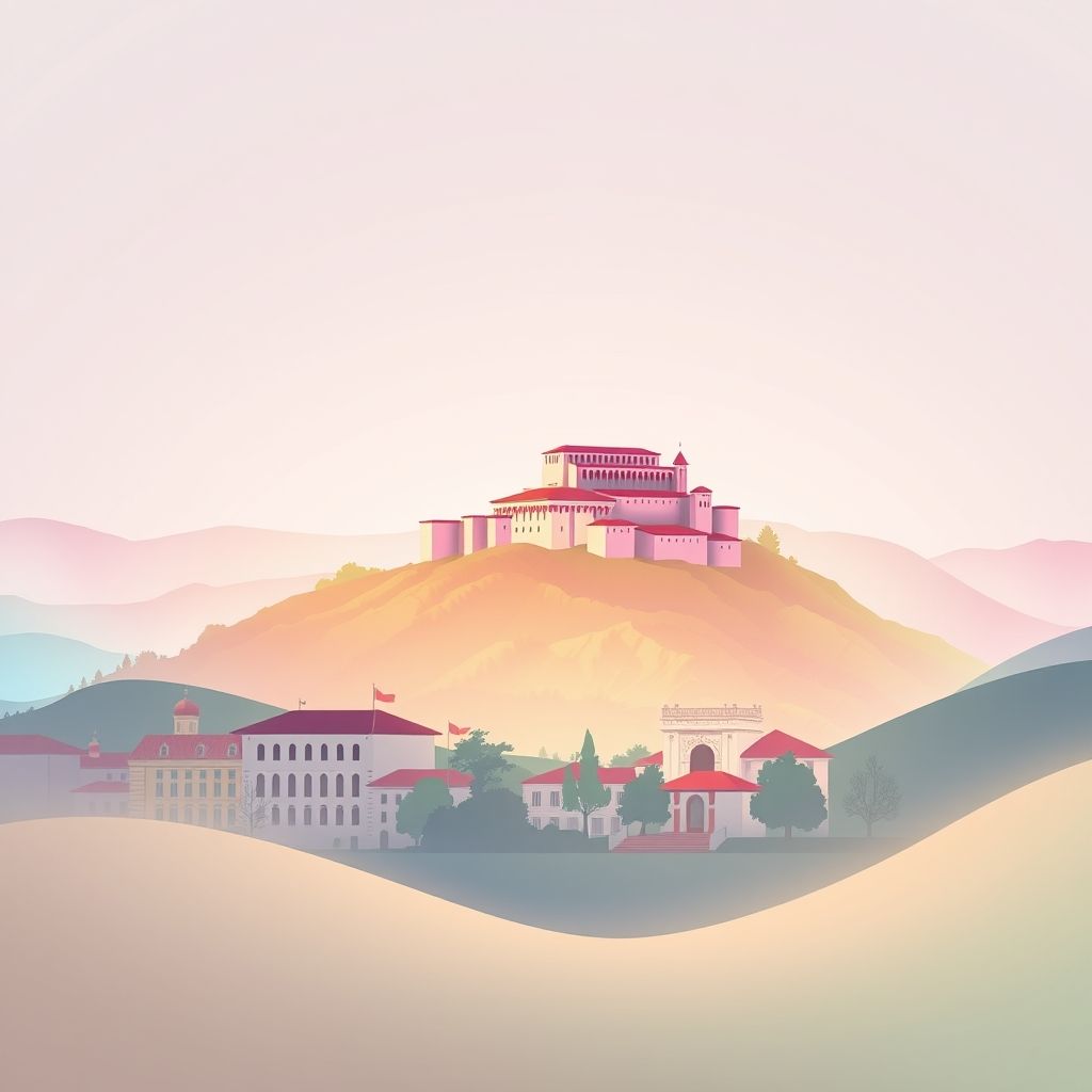 Ultra-high-definition gradient illustration of Synej, Bashkia Kavaje, Tirana, Albania, featuring Skanderbeg Square, Kruje Castle, and Tave Kosi.