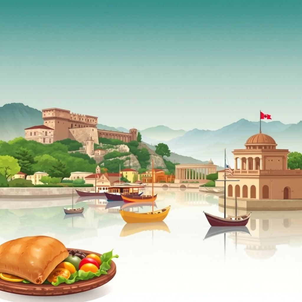 Ultra-high-definition gradient illustration of Dhivër, Albania, featuring Ali Pasha Castle, the ancient city of Phoenice, traditional folk dances, and Albanian specialties.