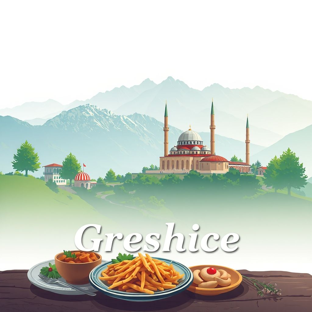 Ultra-high-definition gradient illustration of Greshice, Albania, featuring the Mallakaster Mosque, Mallakaster Mountains, and Tavë Kosi.