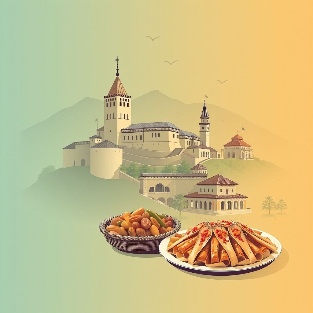 Ultra-high-definition gradient illustration of Qendër, Bashkia Skrapar, Berat County, Albania, featuring Berat Castle, the National Ethnographic Museum, and tavë kosi.
