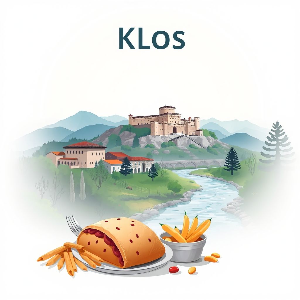 Ultra-high-definition gradient illustration of Klos, Albania, featuring Cerrik Castle, the Shkumbin River, and tavë kosi.