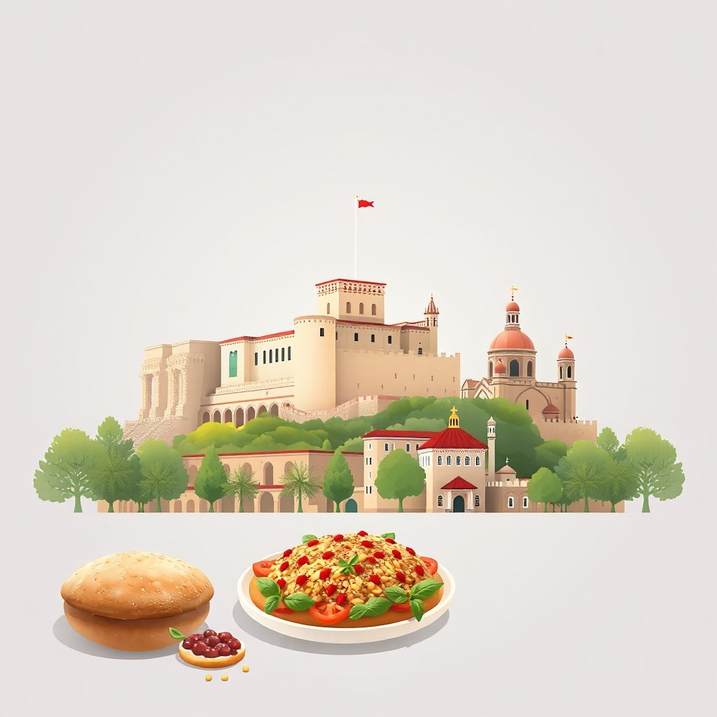 Ultra-high-definition gradient illustration of Elbasan, featuring Elbasan Castle, the Church of Saint Mary, and the local dish Tavë Kosi.