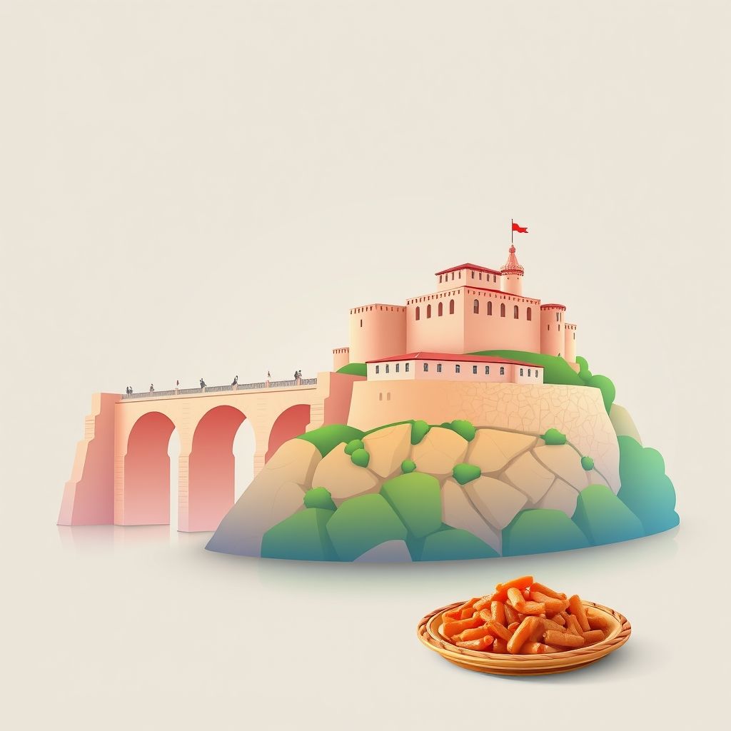 Ultra-high-definition gradient illustration of Sult, Albania, featuring the Sult Bridge, Gramsh Castle, and Tavë Kosi.