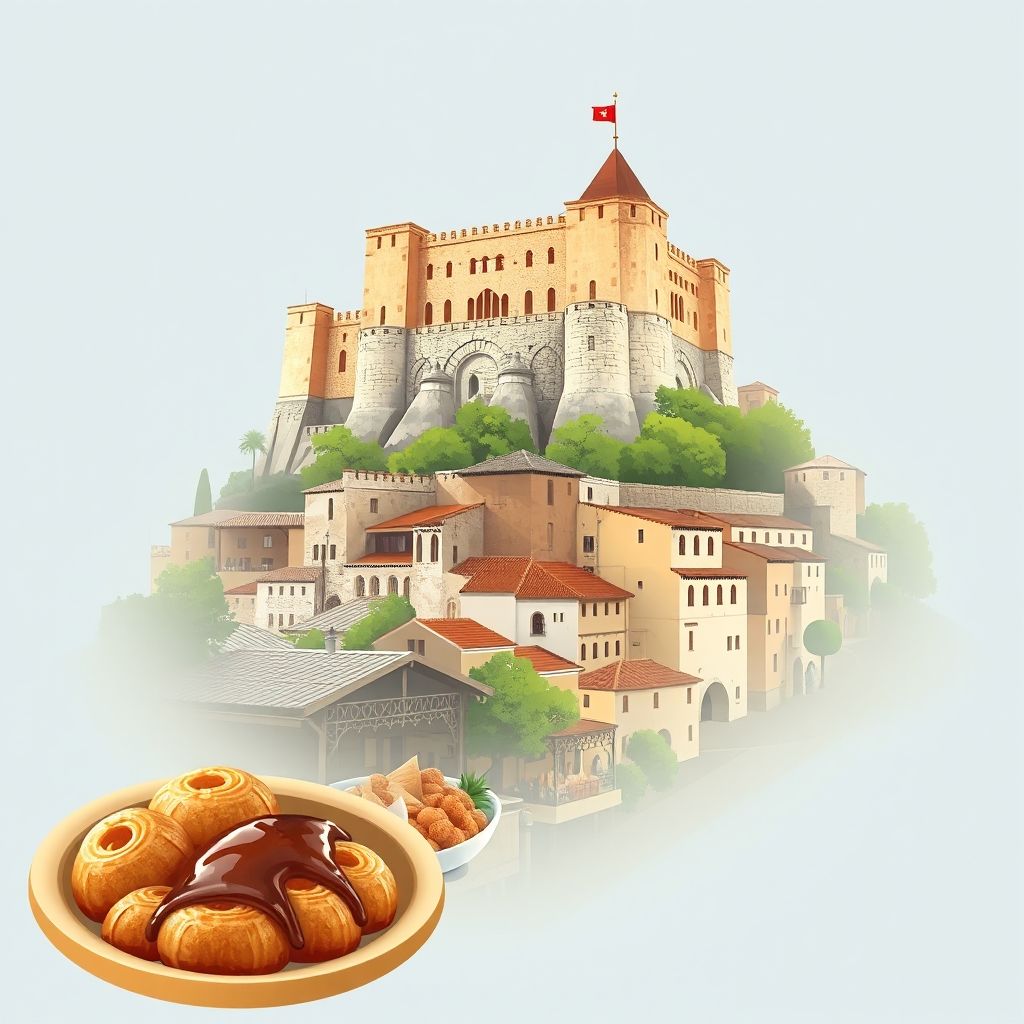 Ultra-high-definition gradient illustration of Gjirokaster, Albania, featuring Gjirokaster Castle, Old Bazaar, stone houses, qofte, and baklava.