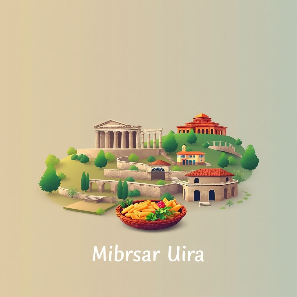 Ultra-high-definition gradient illustration of Mbrostar Ura, Bashkia Fier, Fier County, Albania, featuring the Archaeological Park of Apollonia, Byllis ruins, Albanian folk costumes, and tavë kosi.