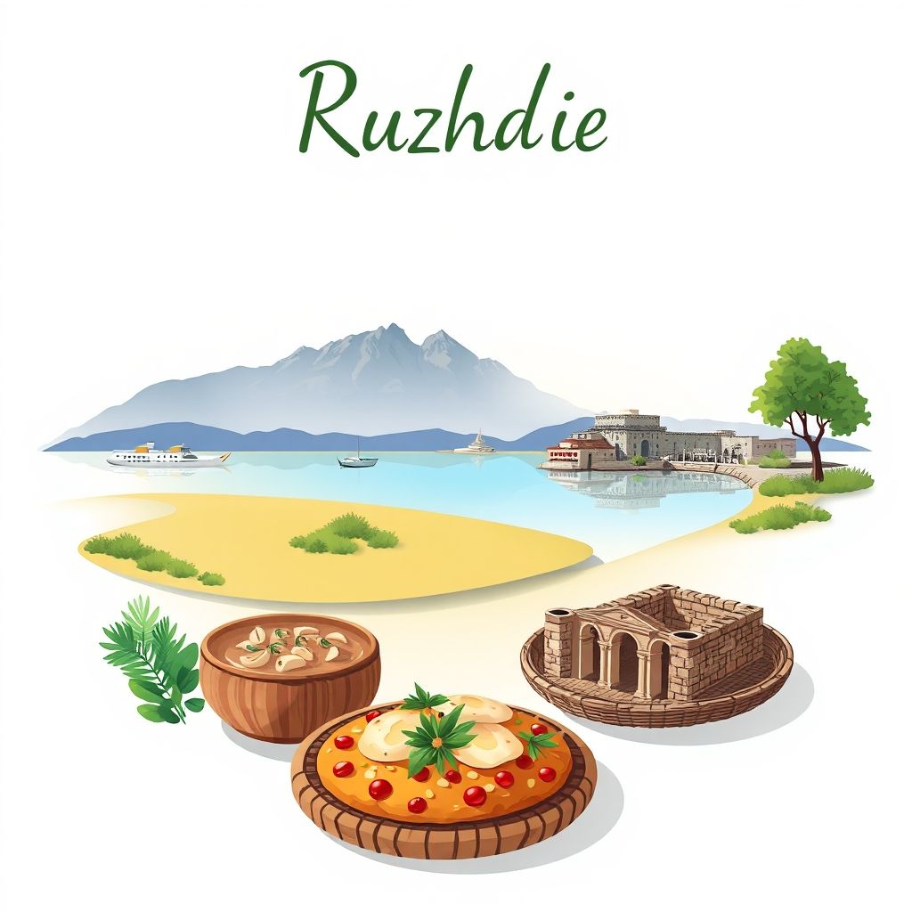 Gradient illustration of Ruzhdie, Albania, featuring Patos Lagoon, Byllis archaeological site, and tavë kosi.