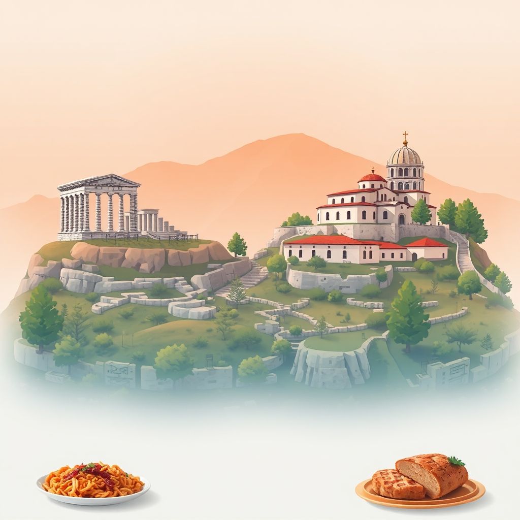Ultra-high-definition gradient illustration of Topoje, featuring the ancient ruins of Apollonia, Ardenica Monastery, and Albanian specialties like tavë kosi and byrek.