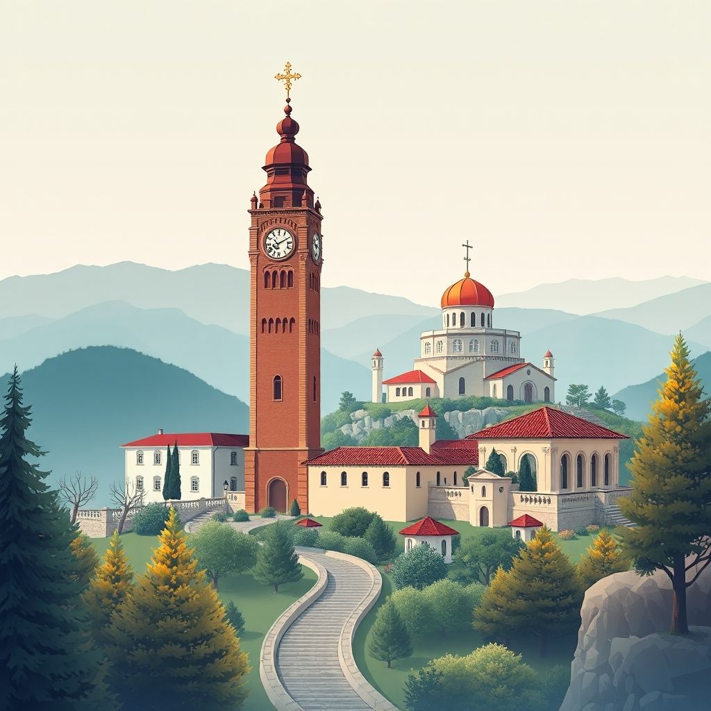 Ultra-high-definition gradient illustration of Hysgjokaj, Bashkia Lushnje, Fier County, Albania, featuring the Lushnje Clock Tower, Ardenica Monastery, and local cuisine Tavë Kosi.