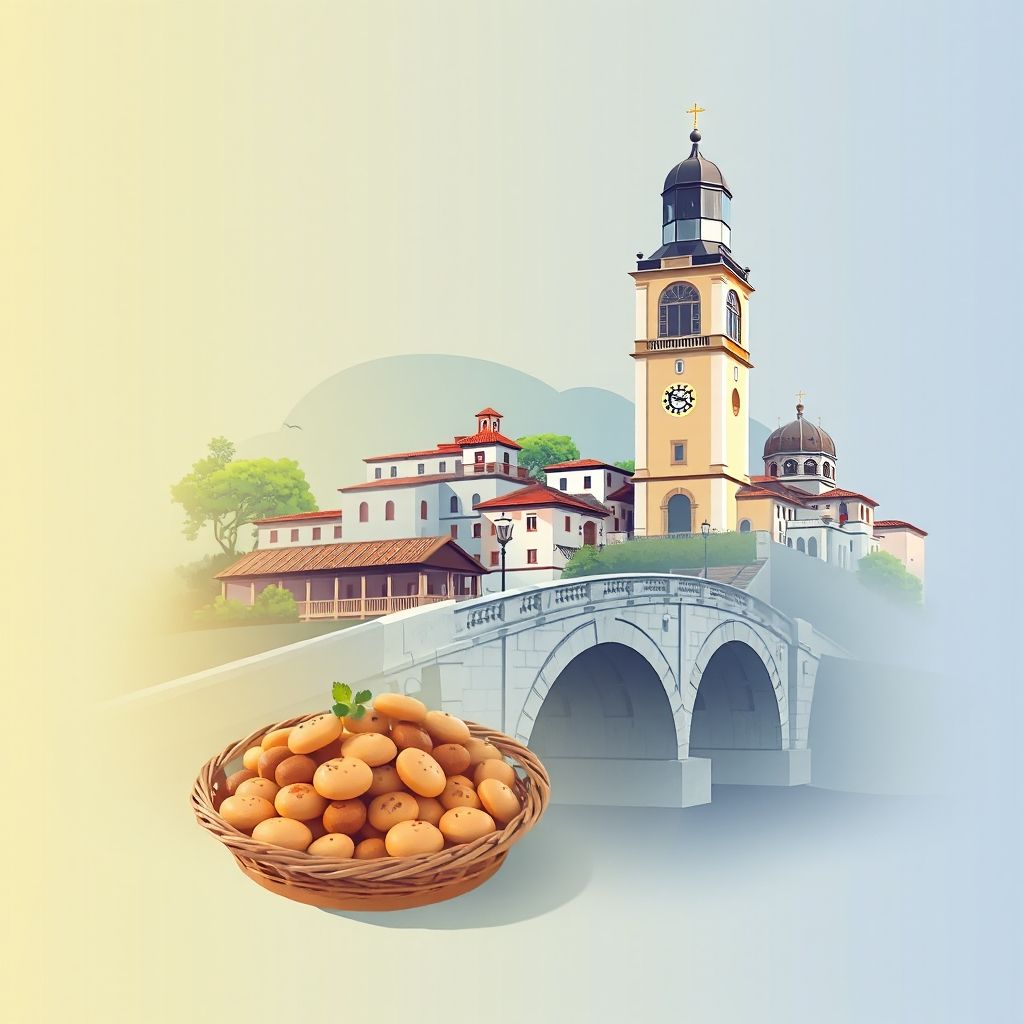Ultra-high-definition gradient illustration of Kolonje, featuring the Lushnje Clock Tower, Ali Pasha Bridge, and Tavë Kosi, highlighting the region's unique charm.