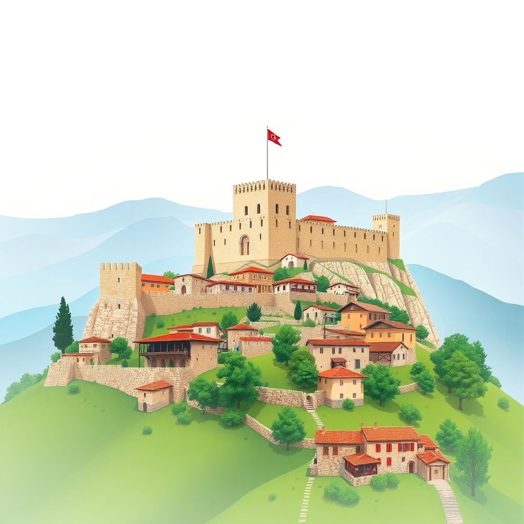 Ultra-high-definition gradient illustration of Qen Liboh, featuring Libohova Castle, traditional stone houses, Drino Valley, and local foods like qofte and baklava.
