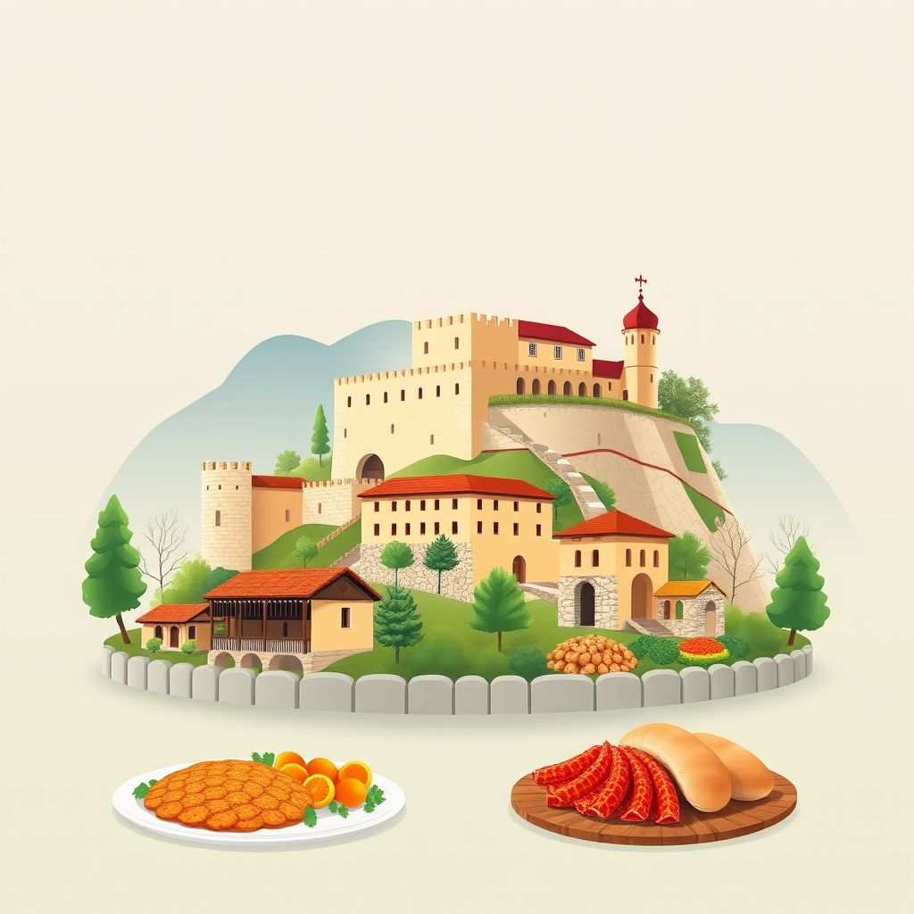 Ultra-high-definition gradient illustration of Dishnice, Bashkia Kelcyre, Gjirokaster County, Albania, featuring Gjirokaster Castle, Zekate House, traditional folk dances, iso-polyphony music, and Albanian specialties.