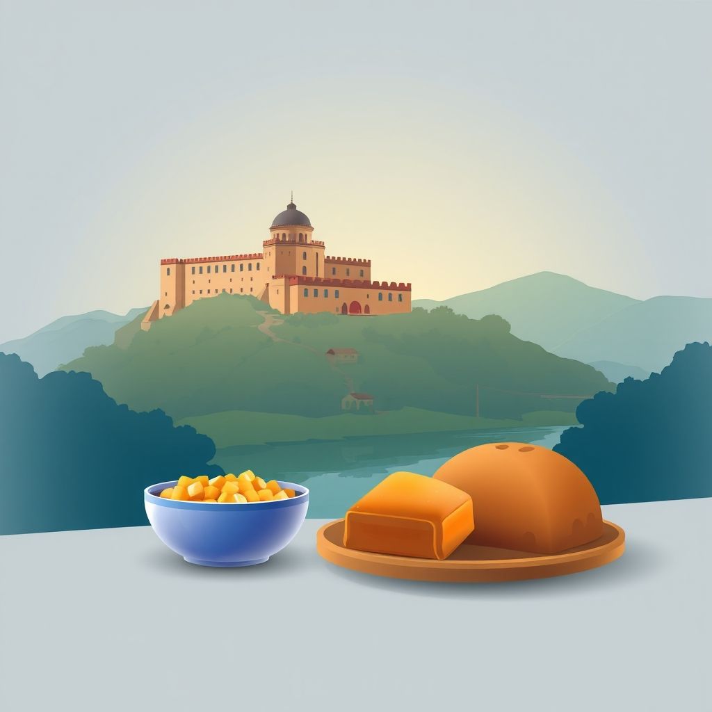 Gradient illustration of Qender, Bashkia Tepelene, featuring Ali Pasha Castle, Vjosa River, and local specialties qofte and baklava.