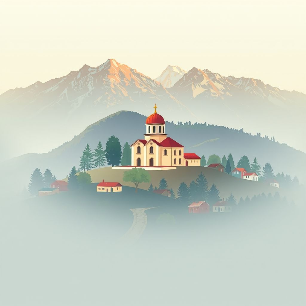 Ultra-high-definition gradient illustration of Qender Erseke, Albania, featuring the Church of the Holy Trinity, Gramoz Mountains, and local cuisine like Lakror pie.