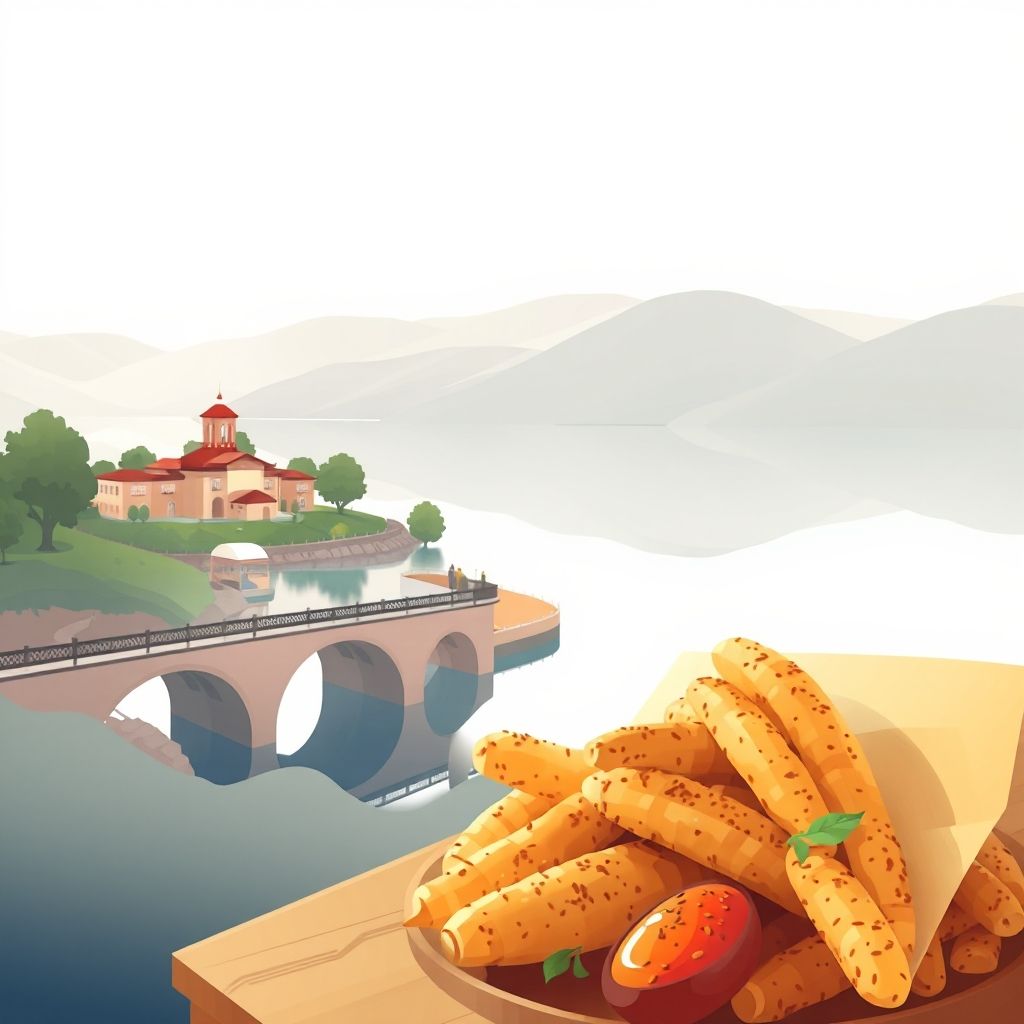 Gradient illustration of Bilisht, Albania, featuring Bilisht Lake, the historic Bilisht Bridge, and local specialty tave kosi.