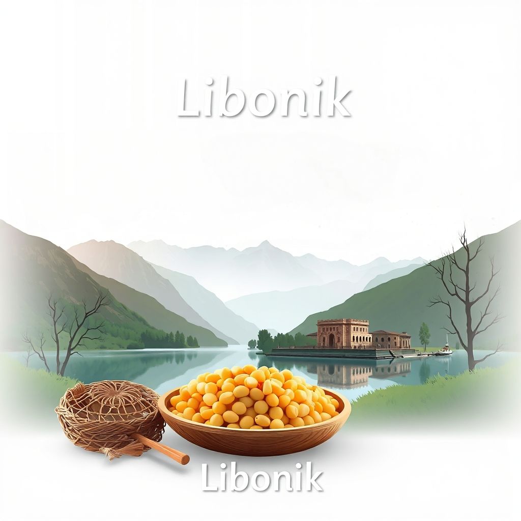High-definition gradient illustration of Libonik, Albania, featuring Maliqi Lake, Maliqi Archaeological Site, and Lakror.