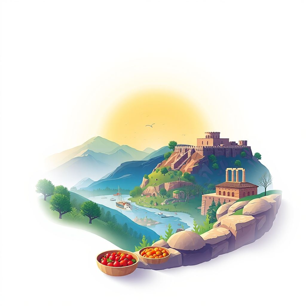 Ultra-high-definition gradient illustration of Moglice, Albania, featuring iconic landscapes, Maliq Archaeological Site, and traditional Albanian cuisine like Tavë Kosi.