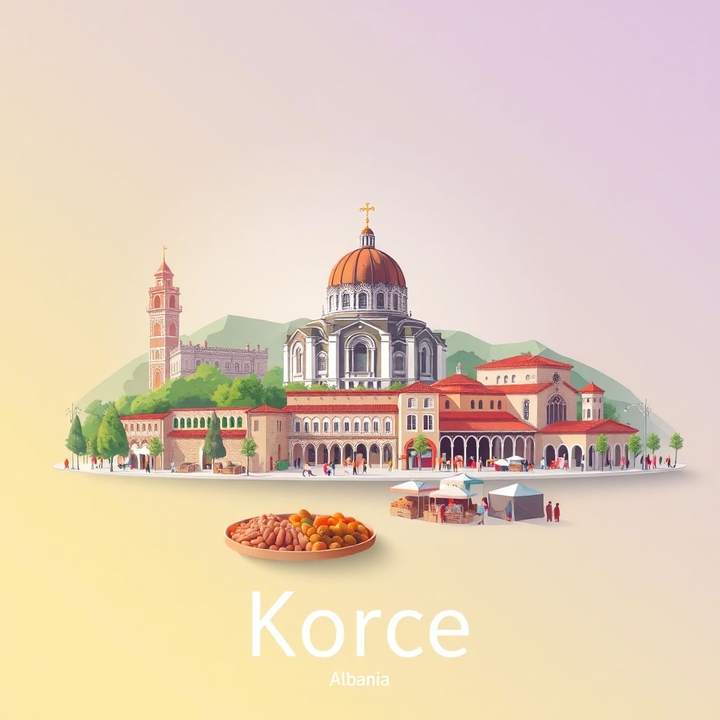 Ultra-high-definition gradient illustration of Korce, Albania, highlighting the Resurrection of Christ Cathedral, the Old Bazaar, and local specialties qofte and lakror.