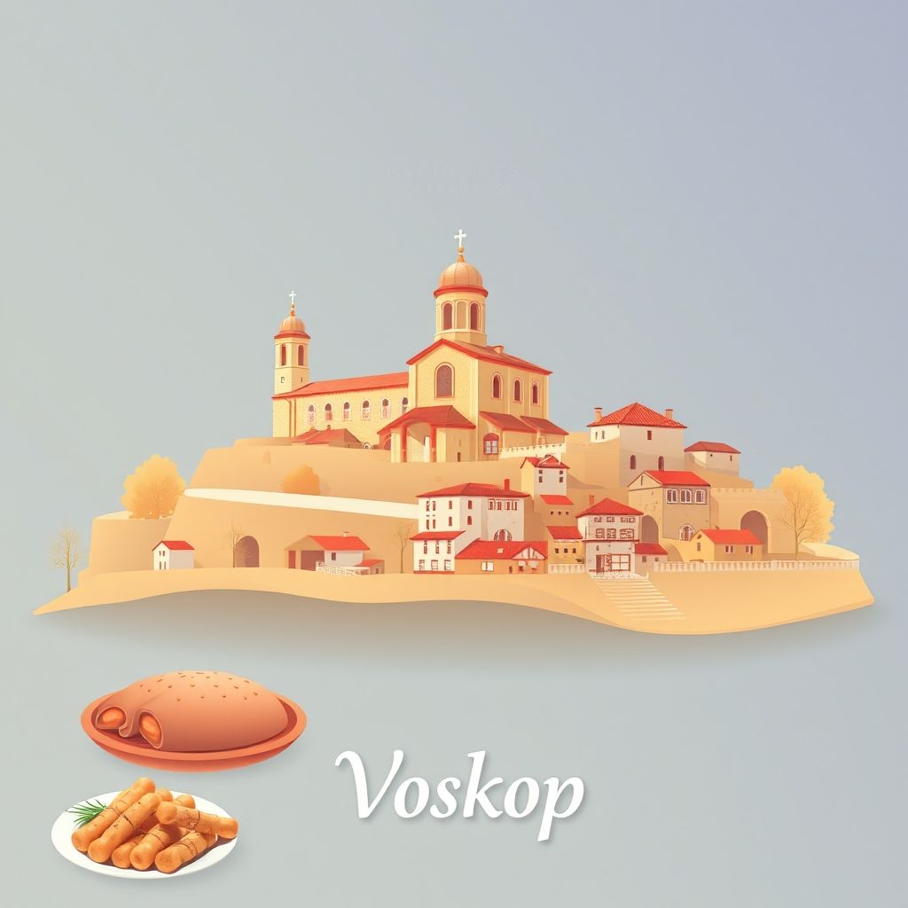 Ultra-high-definition gradient illustration of Voskop, Albania, featuring the Church of Saint Athanasius, historic village landscape, and tave kosi.