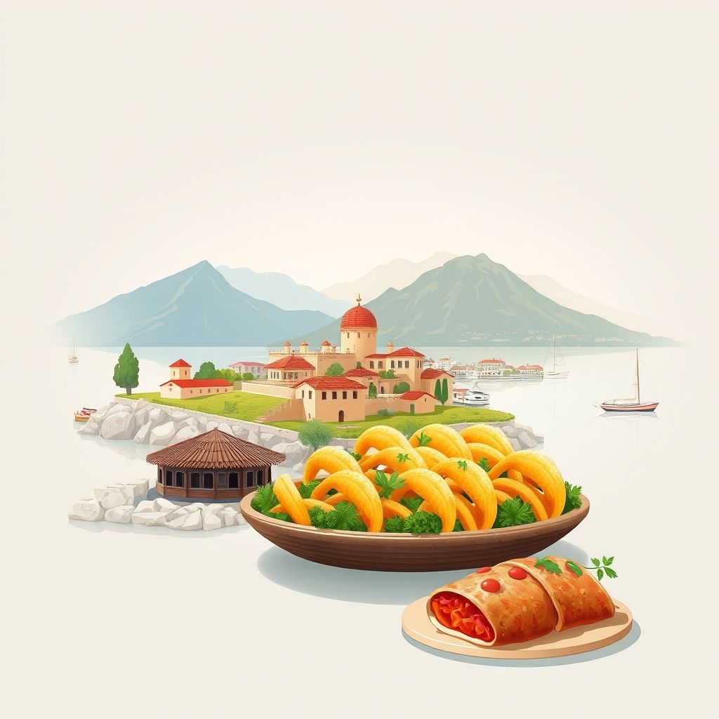 Ultra-high-definition gradient illustration of Dardhas, Albania, featuring the Bay of Bones, Lake Ohrid, and Tave Kosi.