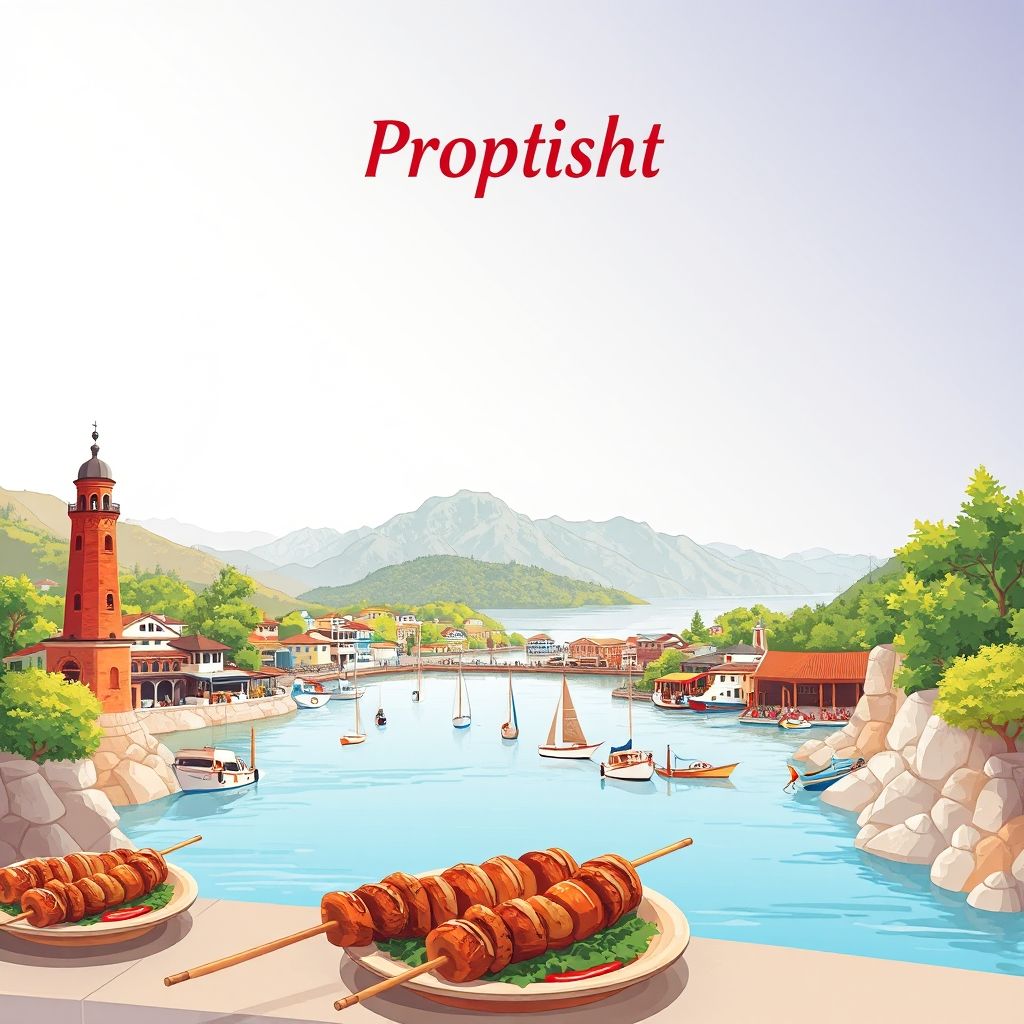 Ultra-high-definition gradient illustration of Proptisht, featuring Lake Ohrid, the Bay of Bones, and Koran kebabs.