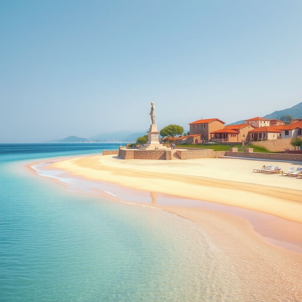 Ultra-high-definition gradient illustration of Golem, Albania, featuring the Adriatic Sea beach, traditional architecture, and Skanderbeg Monument.