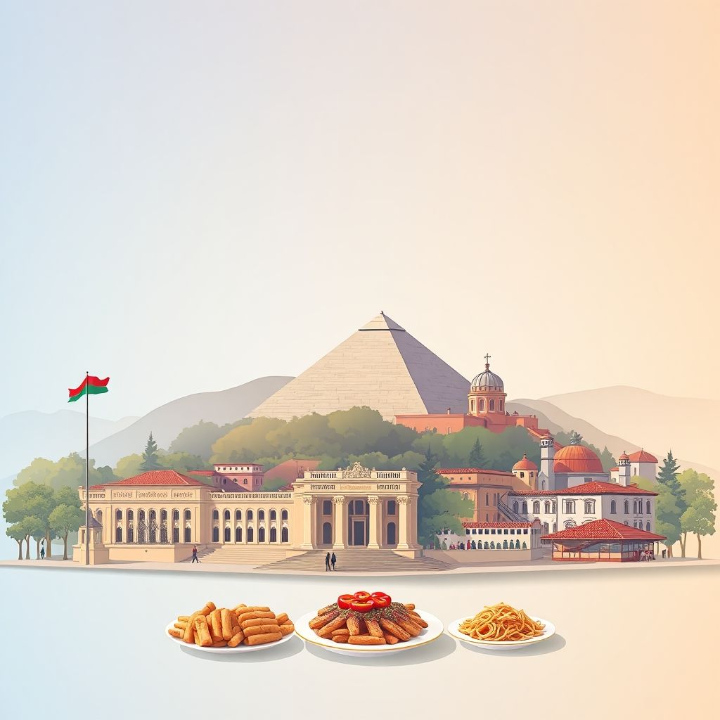Ultra-high-definition gradient illustration of Gose, Bashkia Rrogozhine, Tirana, Albania, featuring Skanderbeg Square, the Pyramid of Tirana, folk dances, bunkers, and local foods like tavë kosi and byrek.