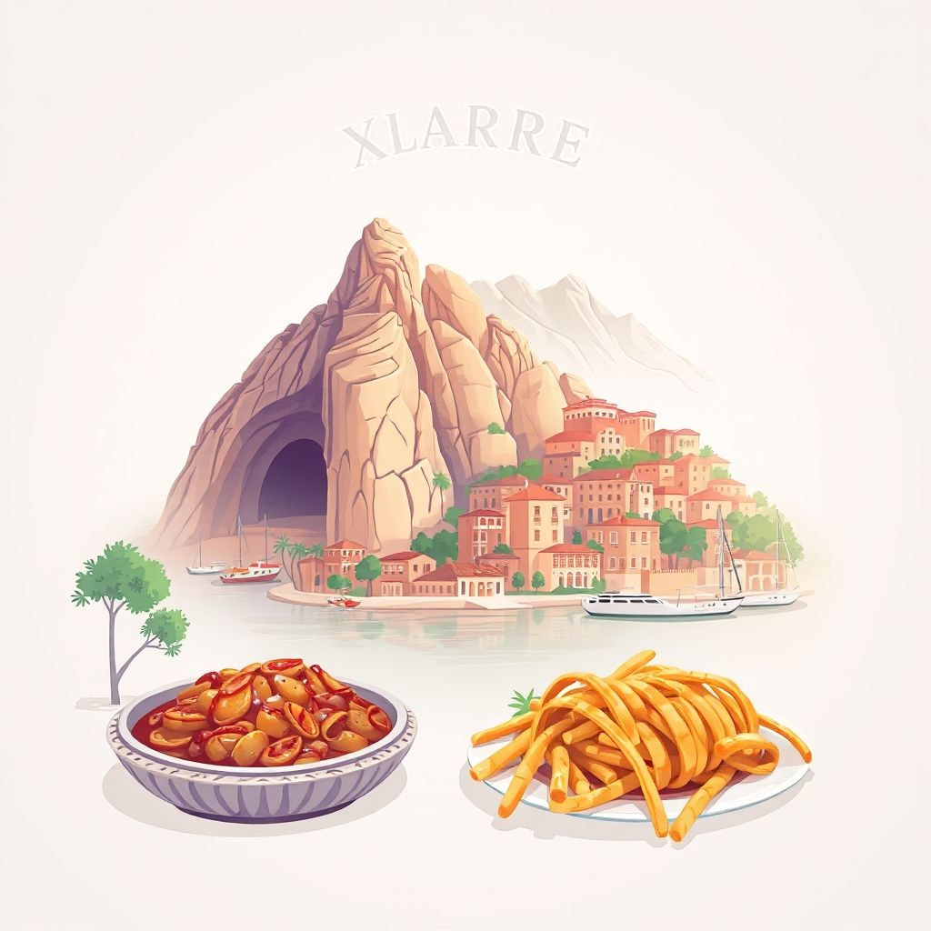 Ultra-high-definition gradient illustration of Xarre, Bashkia Konispol, Vlore County, Albania, featuring the Konispol Cave, scenic landscapes, and tave kosi.