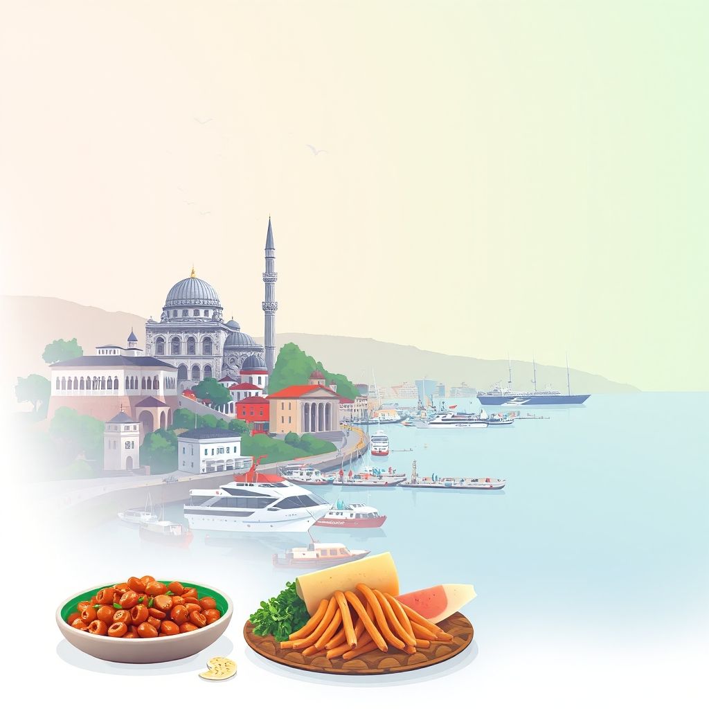 Ultra-high-definition gradient illustration of Qender, Bashkia Vlore, showcasing Muradie Mosque, Kanina Castle, coastal views, the port of Vlore, and local cuisine Tave Kosi.