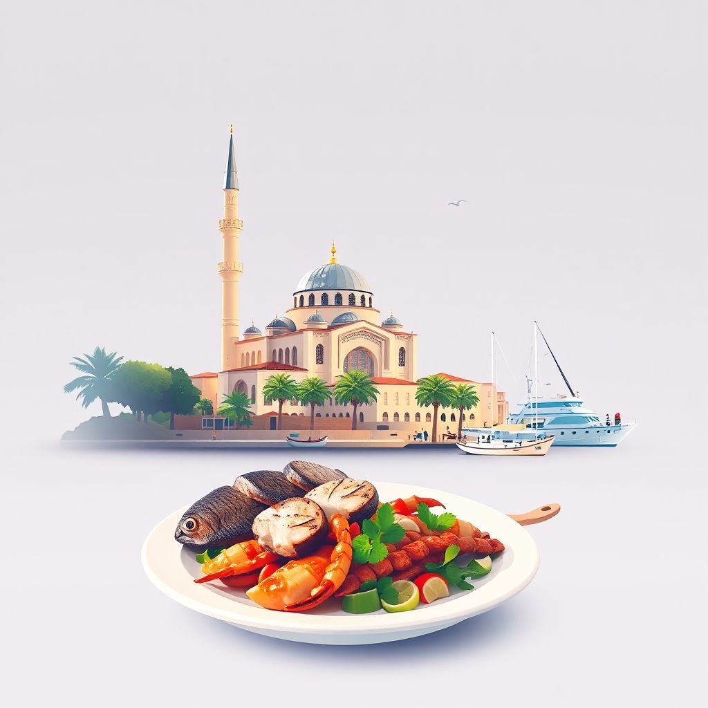 Ultra-high-definition gradient illustration of Shushice featuring Muradie Mosque, Vlore Bay, and local seafood dishes.