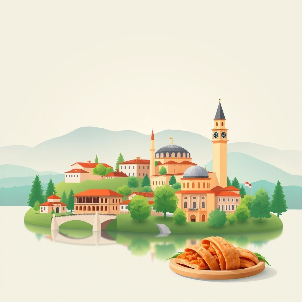 High-definition gradient illustration of Lushnje, Albania, featuring the Lushnje Clock Tower, Lushnje Mosque, Osumi River, and tavë kosi.